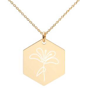 A flower Engraved Silver Hexagon Necklace
