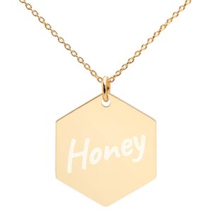 Honey Engraved Silver Hexagon Necklace